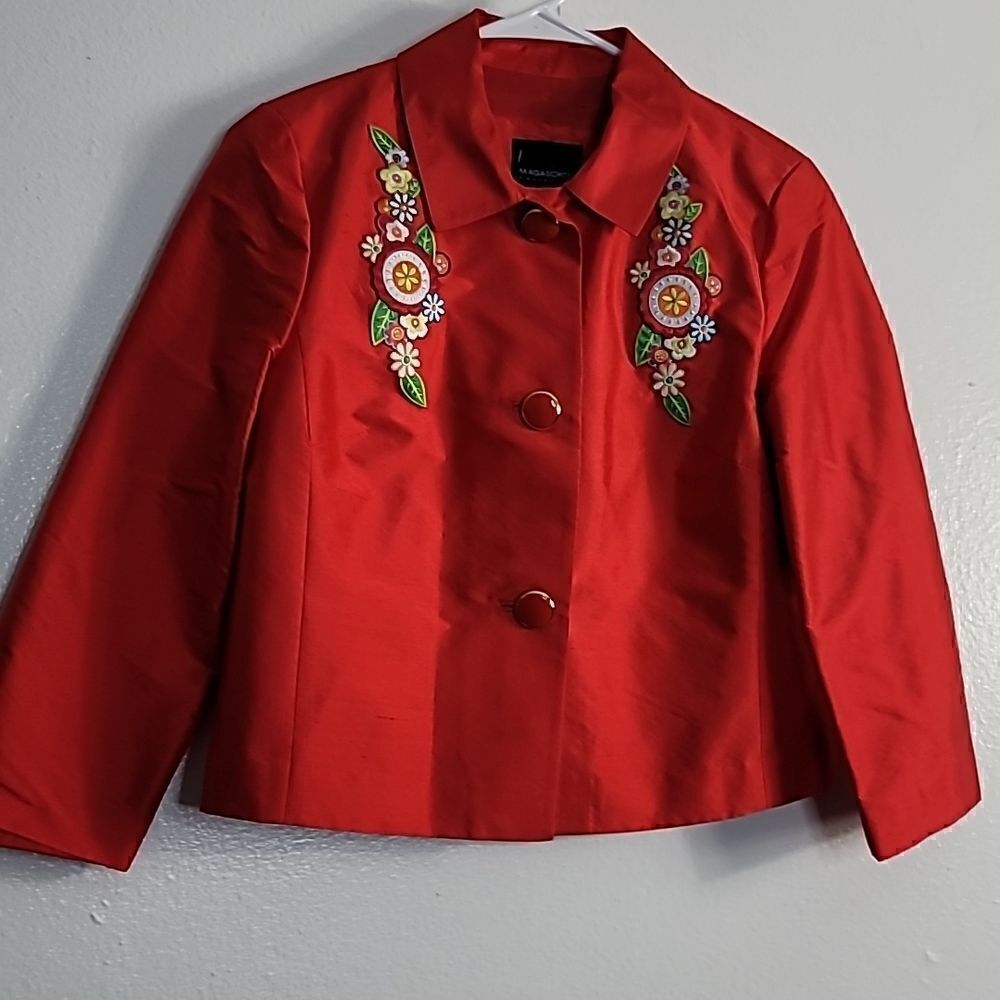 Magaschoni 100% Silk Gorgeous Red Embroidered Blazer - Picture 1 of 12